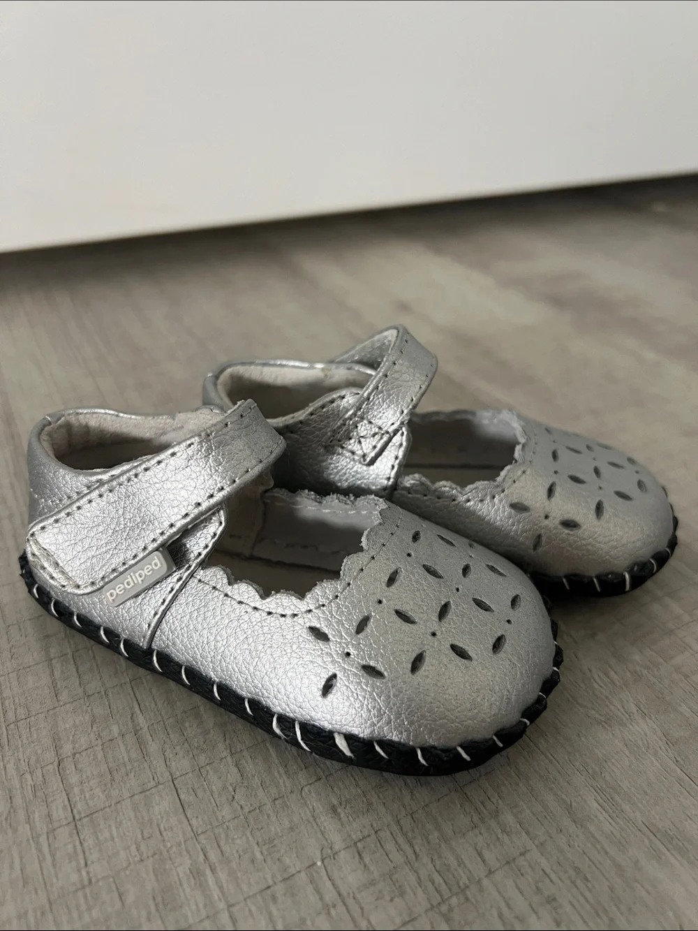 pediped Silver Leather Mary Jane Walker Shoes
